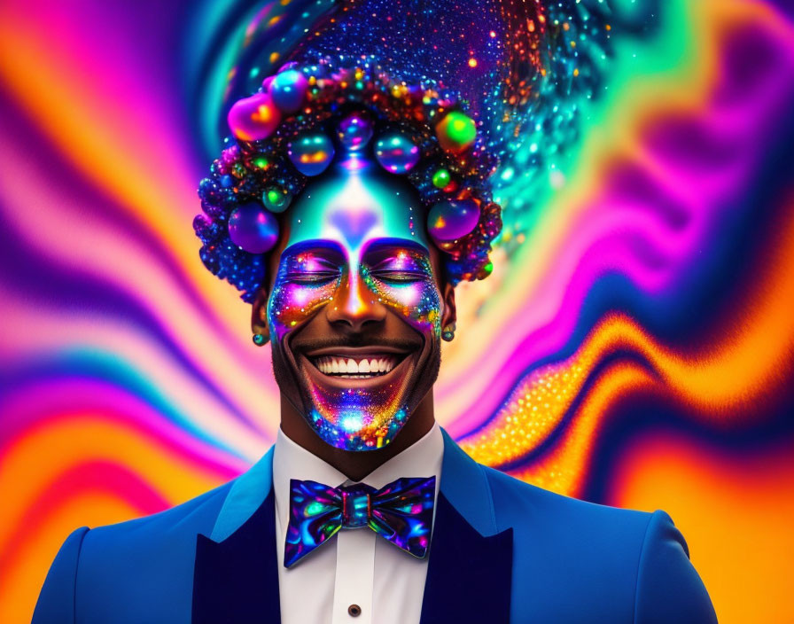 Colorful digital artwork of smiling person with vibrant skin tones and psychedelic background