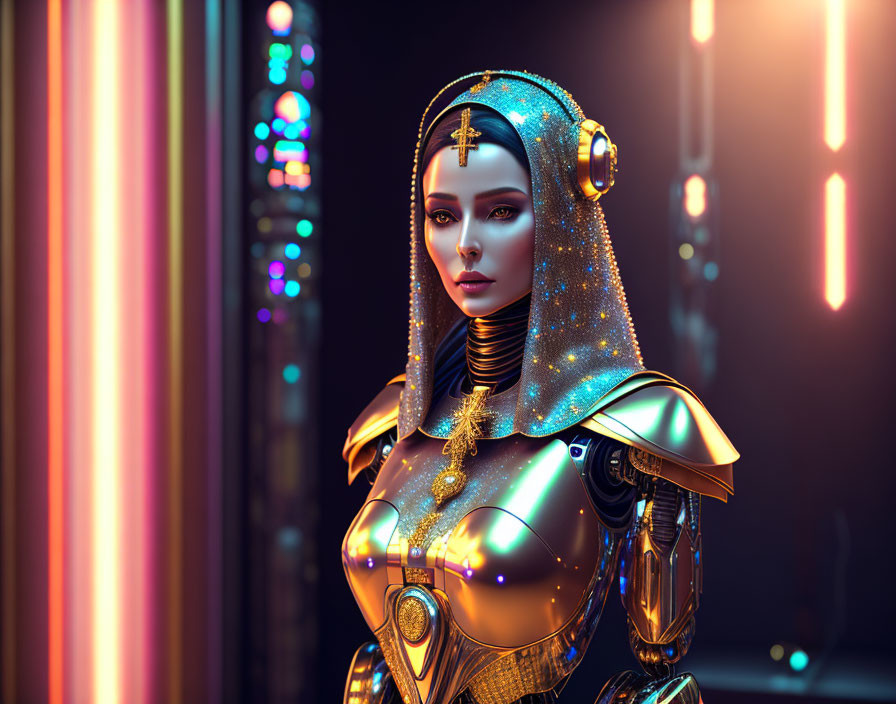 Golden-armored futuristic female robot with religious motif in neon-lit setting