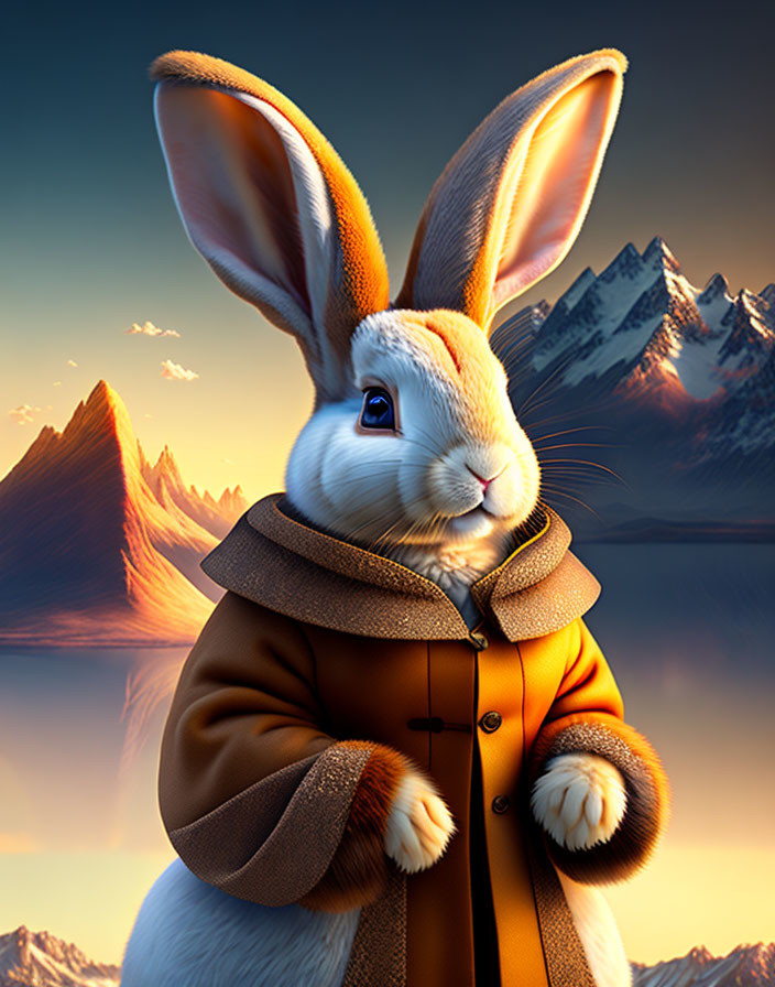 Anthropomorphic rabbit in stylish coat against mountain sunset.