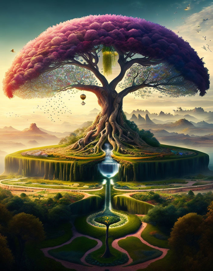 Colorful Giant Tree on Floating Island with Waterfalls and Garden