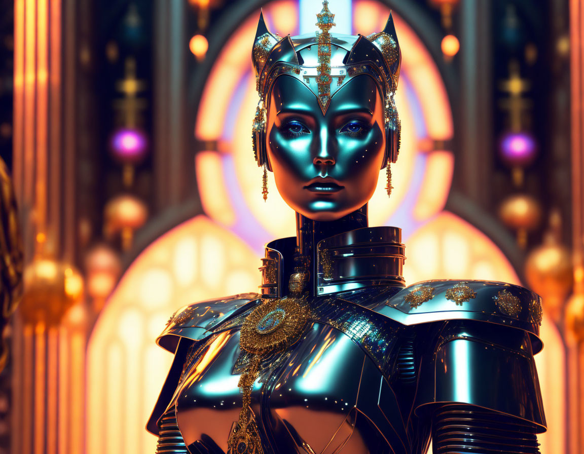 Regal humanoid robot with gold details in futuristic setting