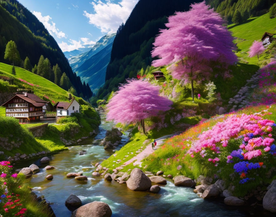 Scenic village with pink trees, flowers, and stream in green valley
