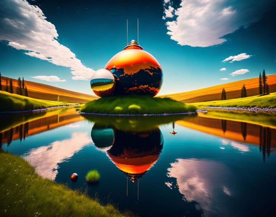 Surreal landscape with reflective sphere above serene lake