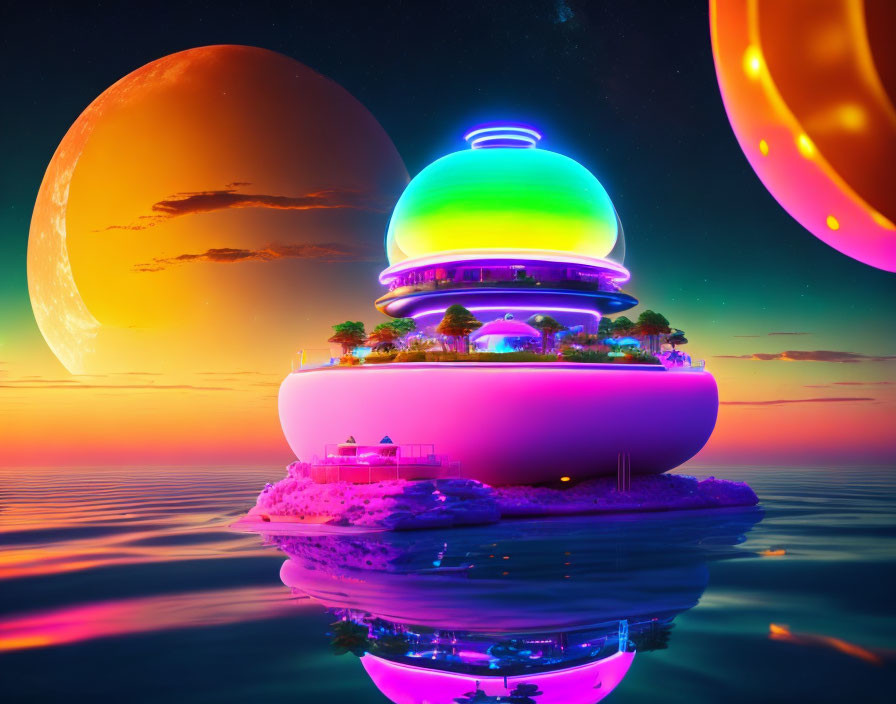 Futuristic UFO-shaped building on floating island with palm trees and colorful sky