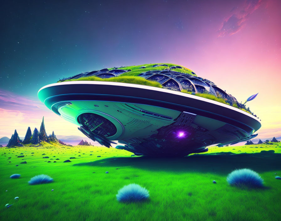 Futuristic spaceship with greenery dome over alien landscape