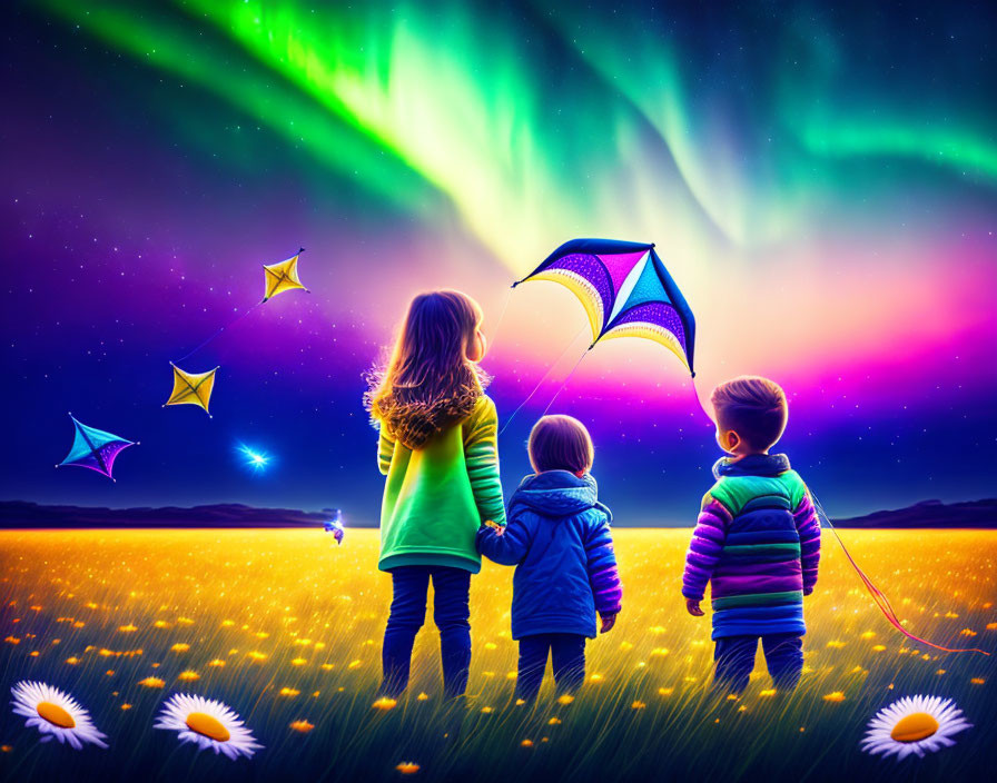 Children watching aurora and flying kites at night in flower field