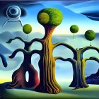 Surreal landscape with oversized trees, skyscrapers, and two moons