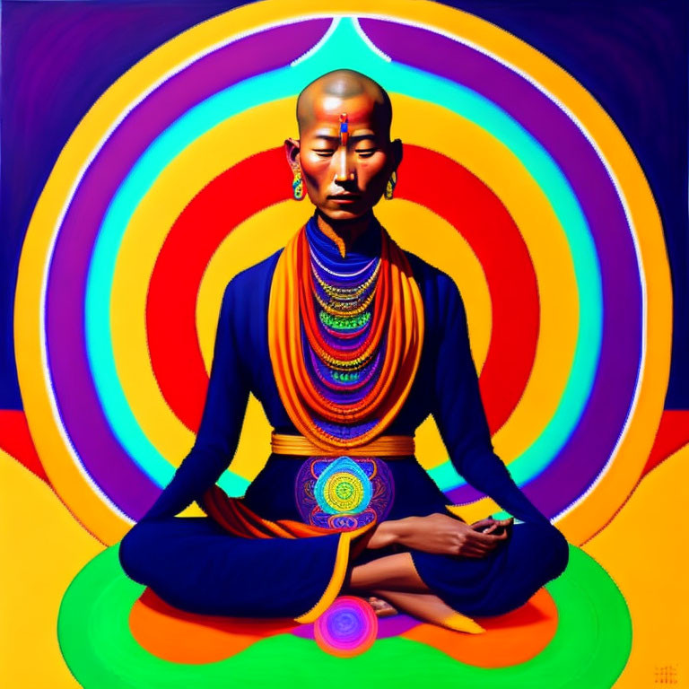 Colorful Meditation Illustration with Bald Figure and Necklaces