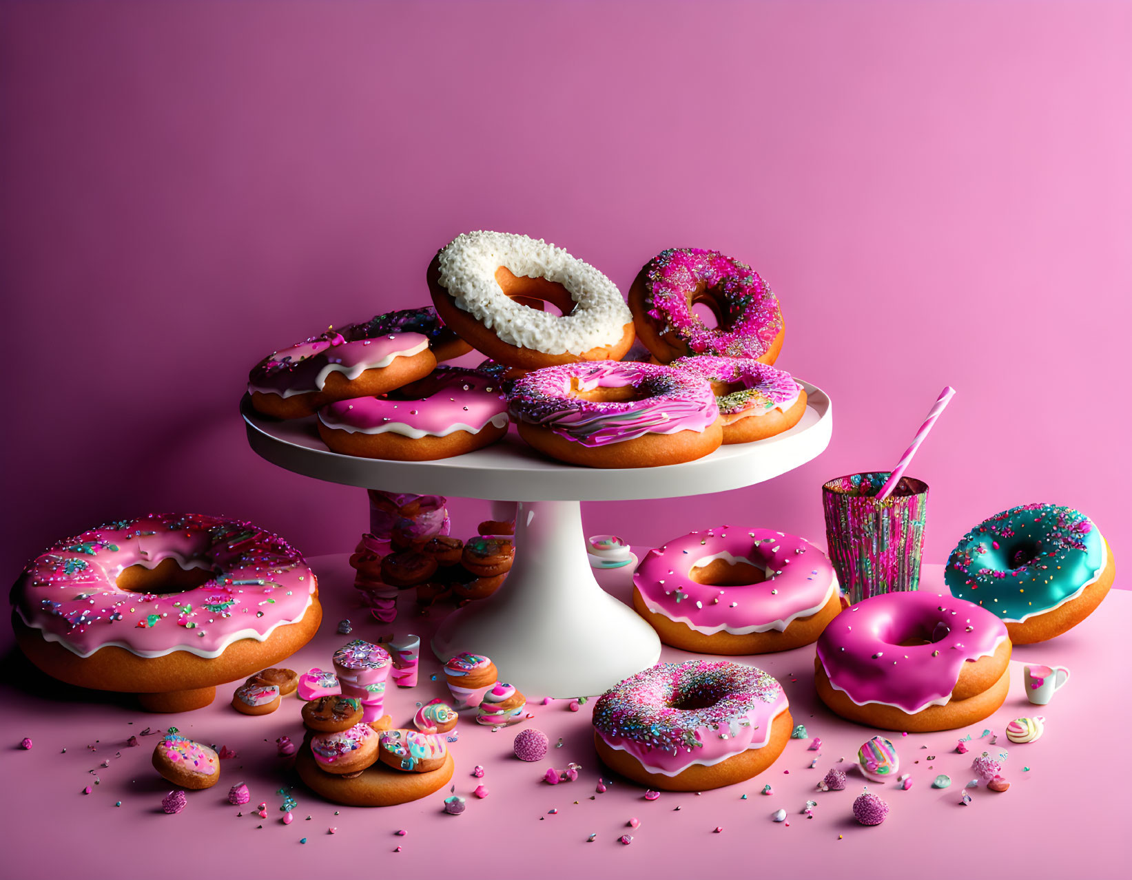 Pink donuts on a platter, pink background 