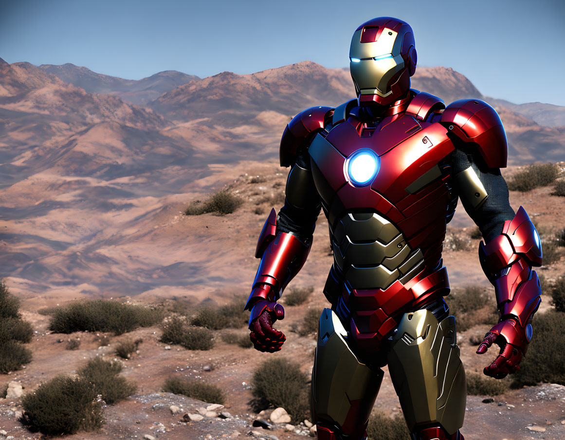 Red and Gold Armored Suit with Glowing Arc Reactor in Desert Landscape