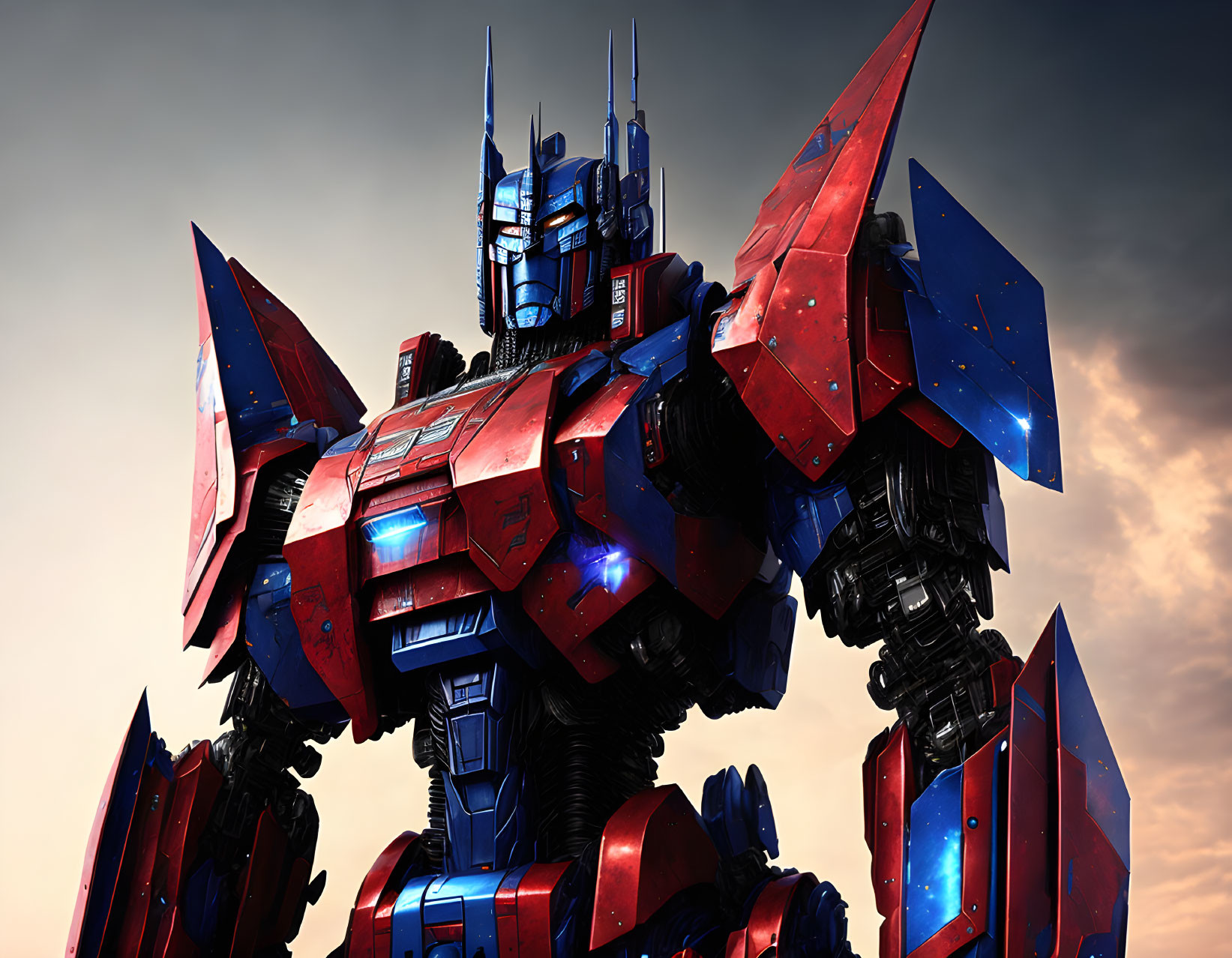 Large Red and Blue Robot Illustration with Dramatic Sky