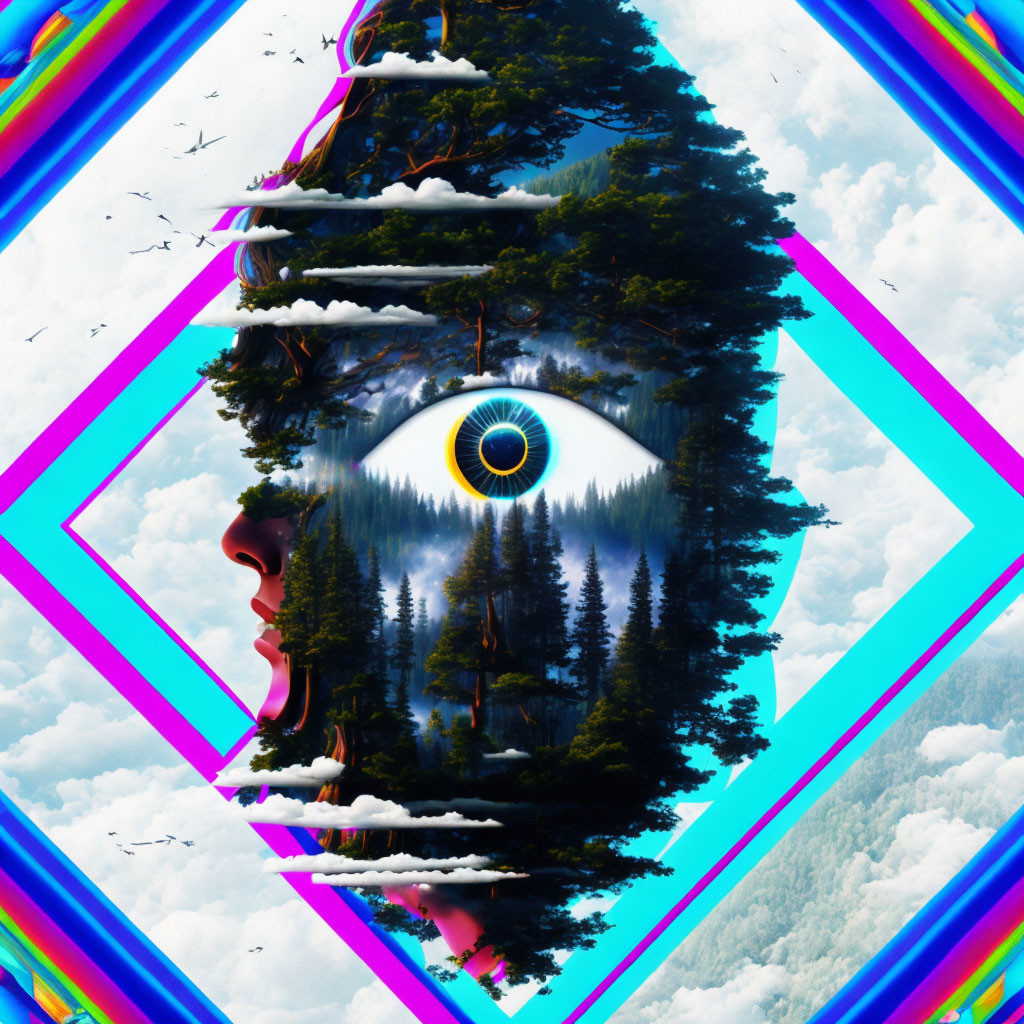 Colorful psychedelic collage with forest, mountains, eye, and silhouettes in rainbow spectrum