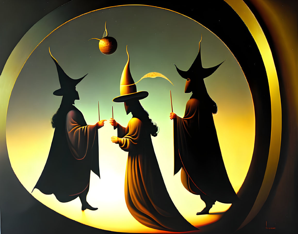 Silhouetted witches with wands under crescent moon