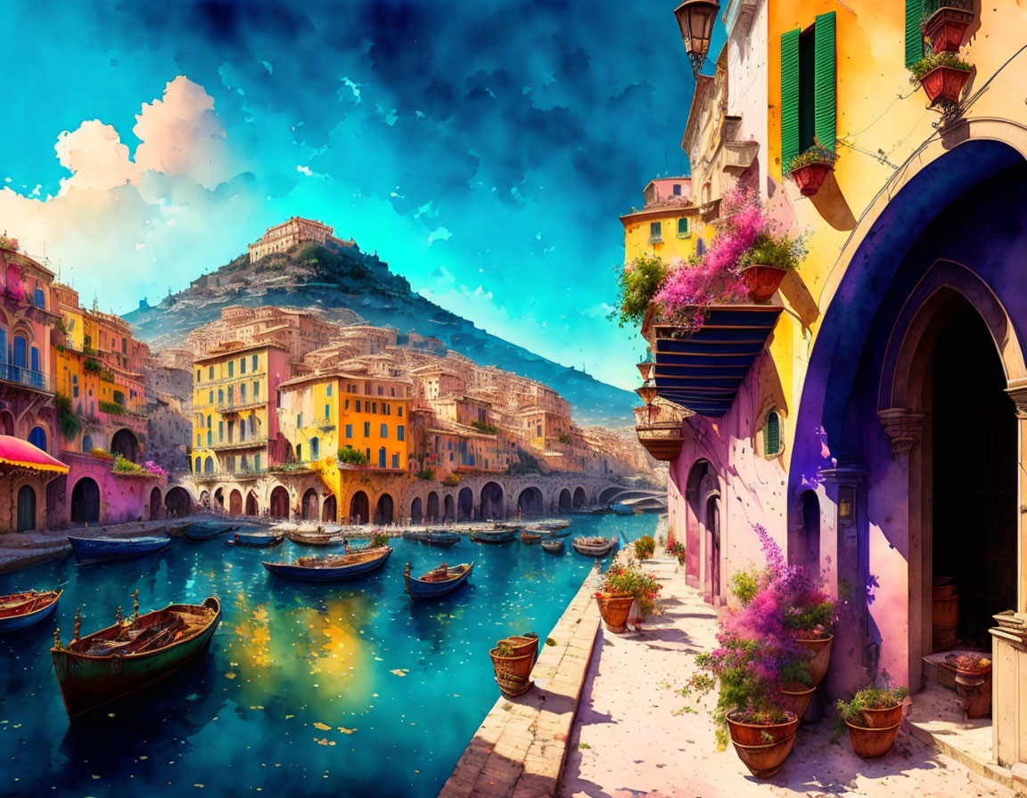 Colorful Coastal Italian Village with Boats, Flowers, and Blue Sky