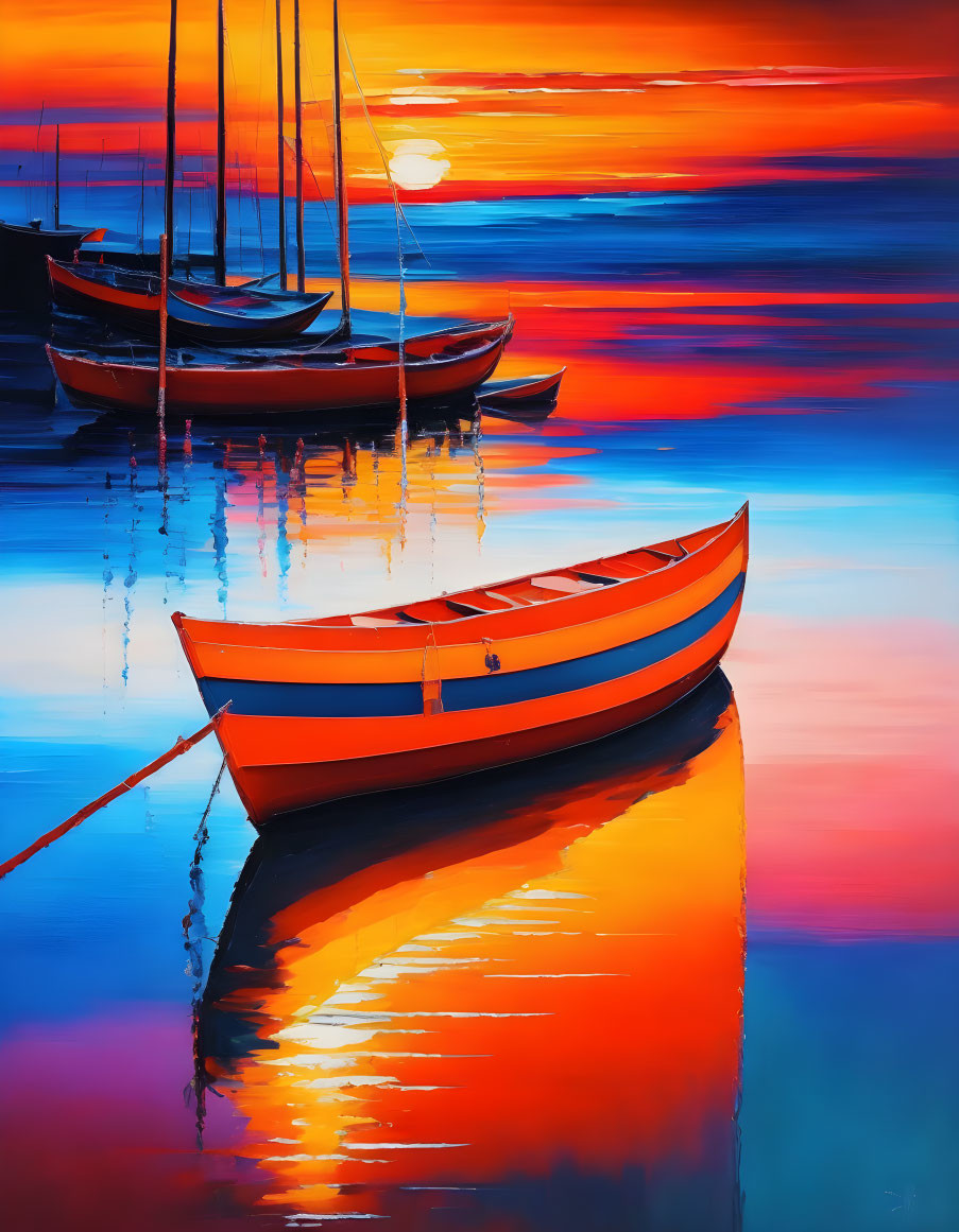Colorful sunset painting with orange boat and sailboats on calm water