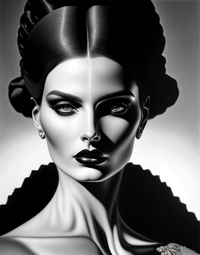 Monochrome portrait of elegant woman with stylized hair and bold makeup