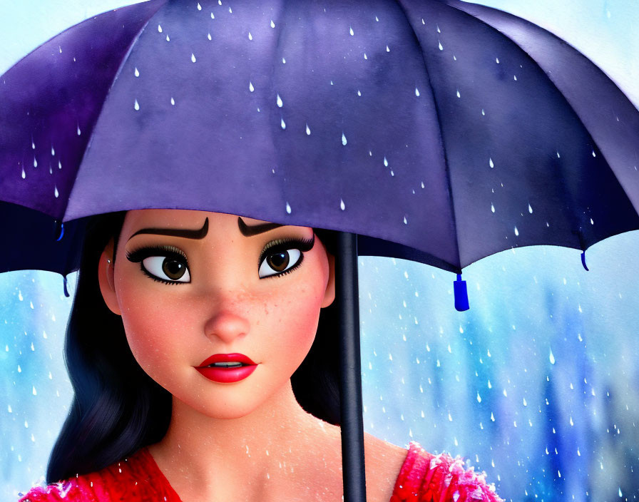 Animated girl with purple umbrella in snowy rain scene
