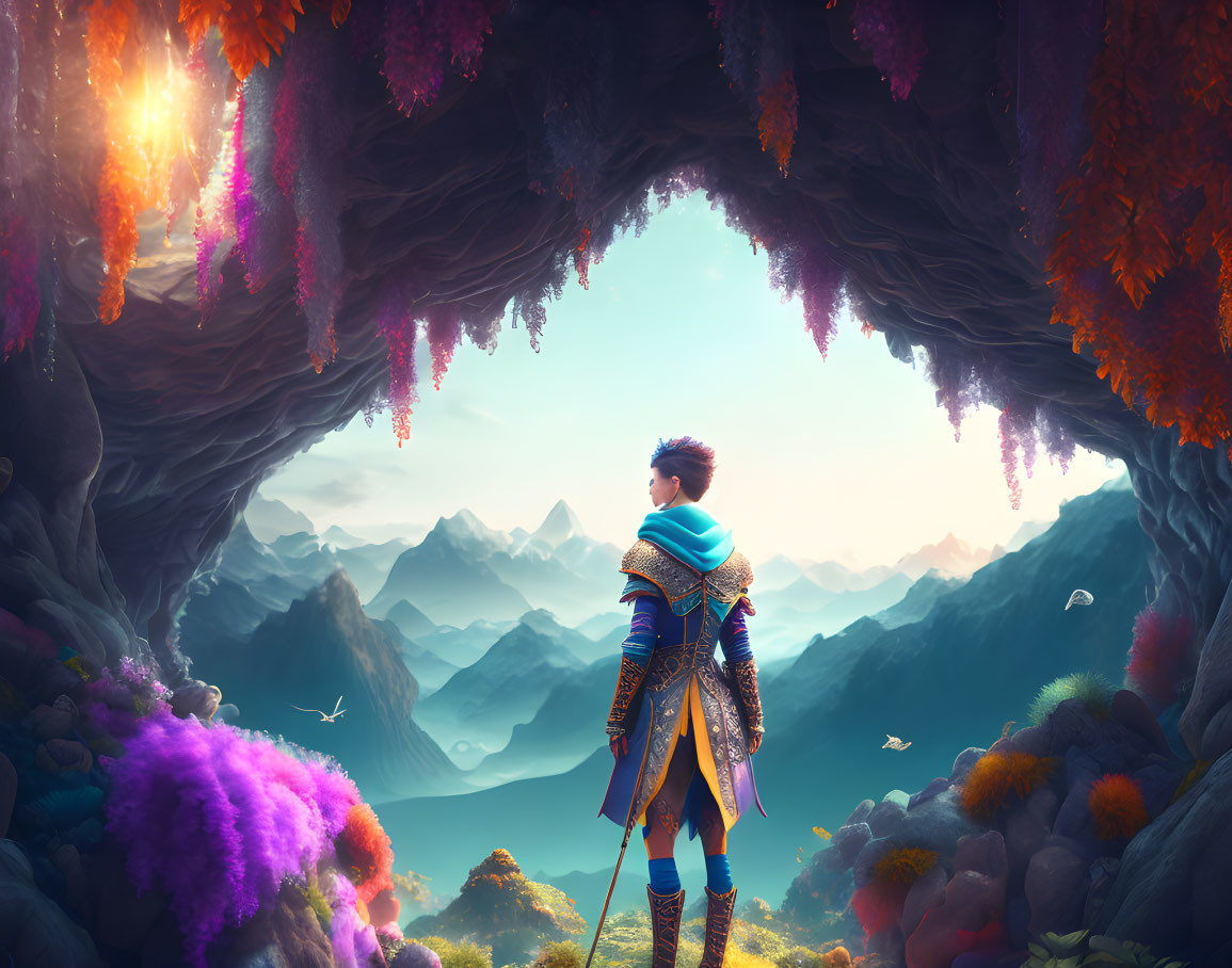 Warrior in Colorful Cave Overlooking Mountain Vista