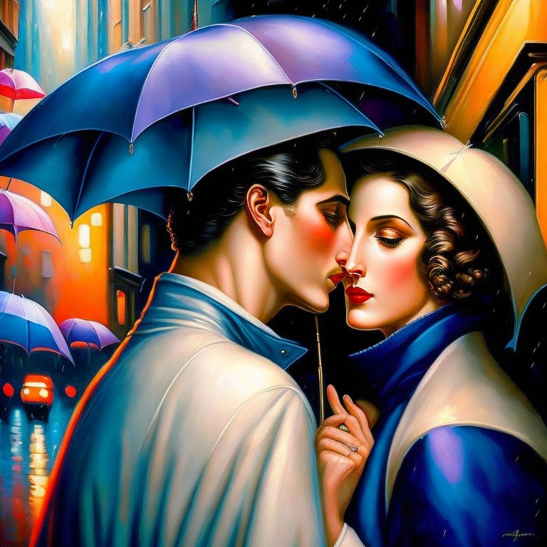 Romantic painting of a couple with umbrellas on rain-slicked city street