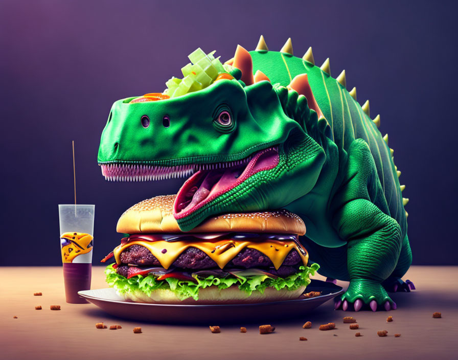 Whimsical digital art: Dinosaur burger with fries & drink