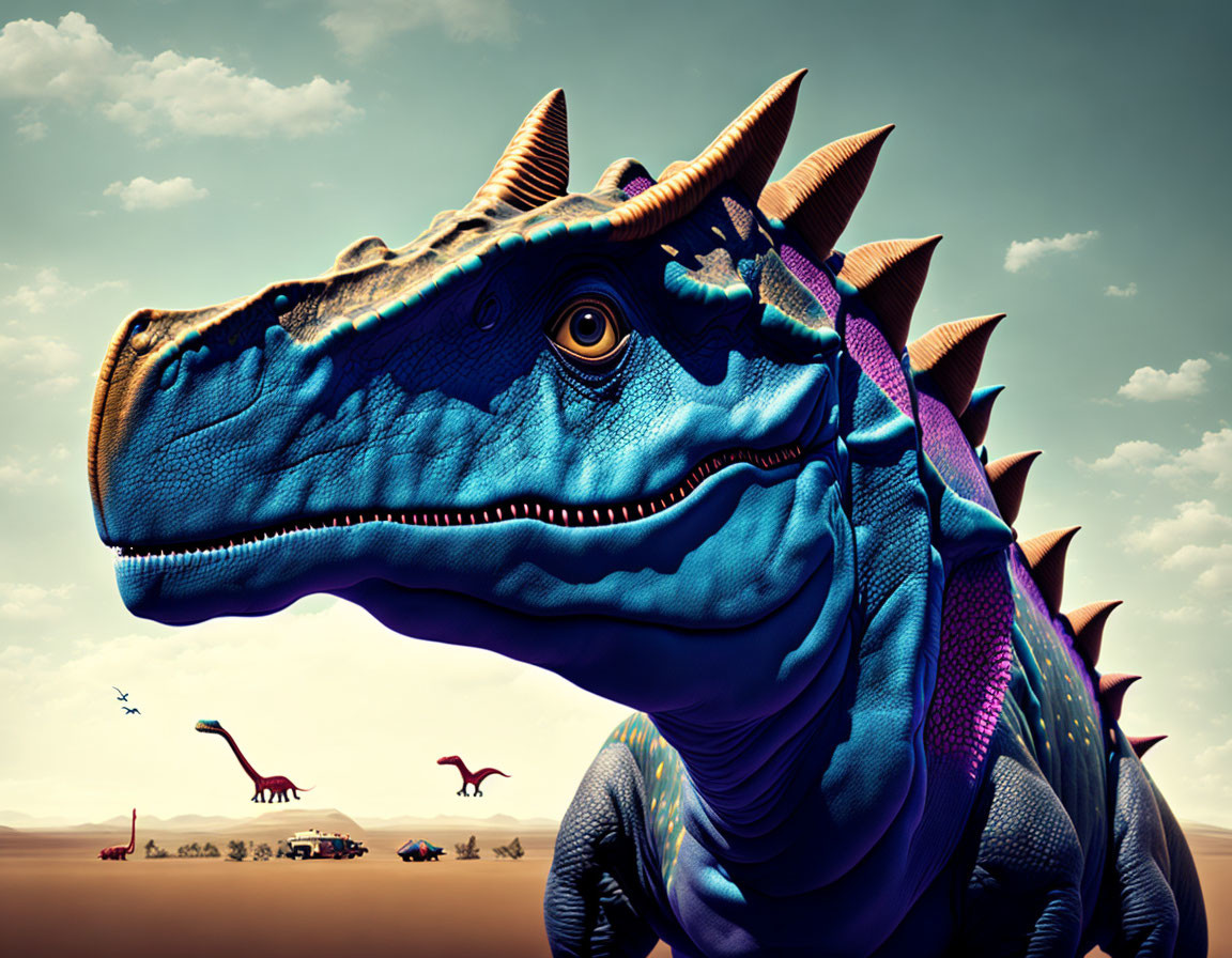 Colorful Digital Illustration of Blue Dinosaur in Desert Scene