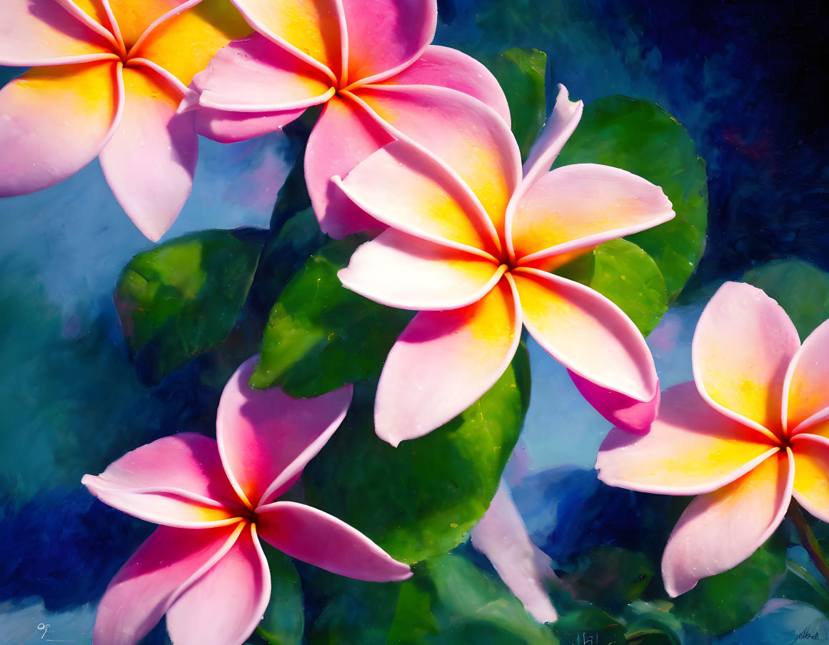 Bright Pink and Yellow Plumeria Flowers on Blue Background