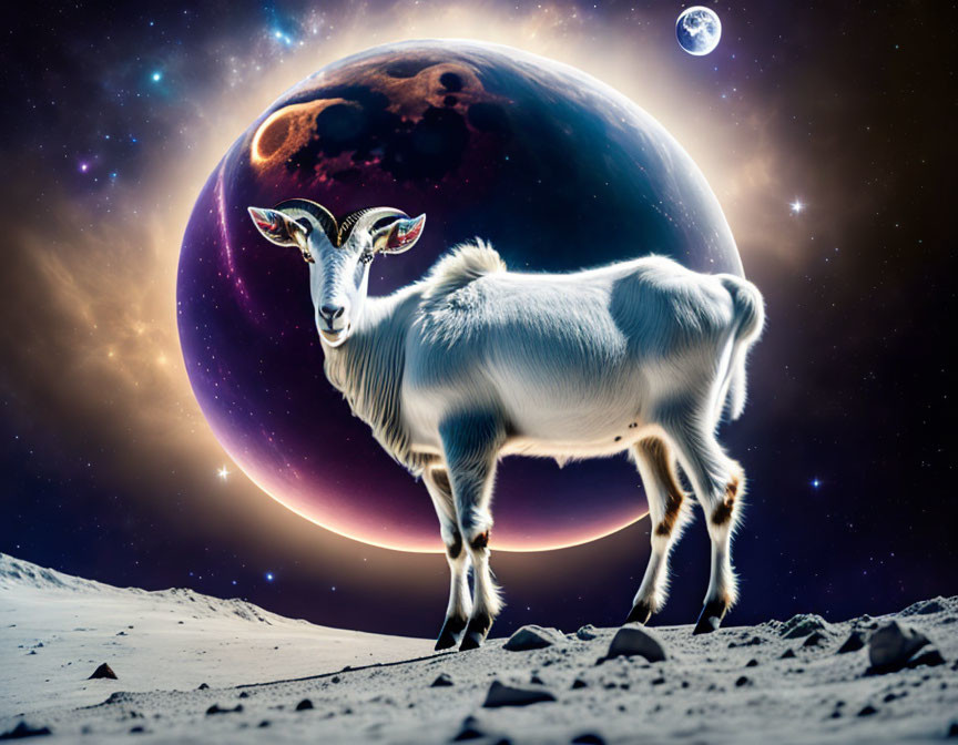 Goat on lunar surface with colorful planet and moon in cosmic sky
