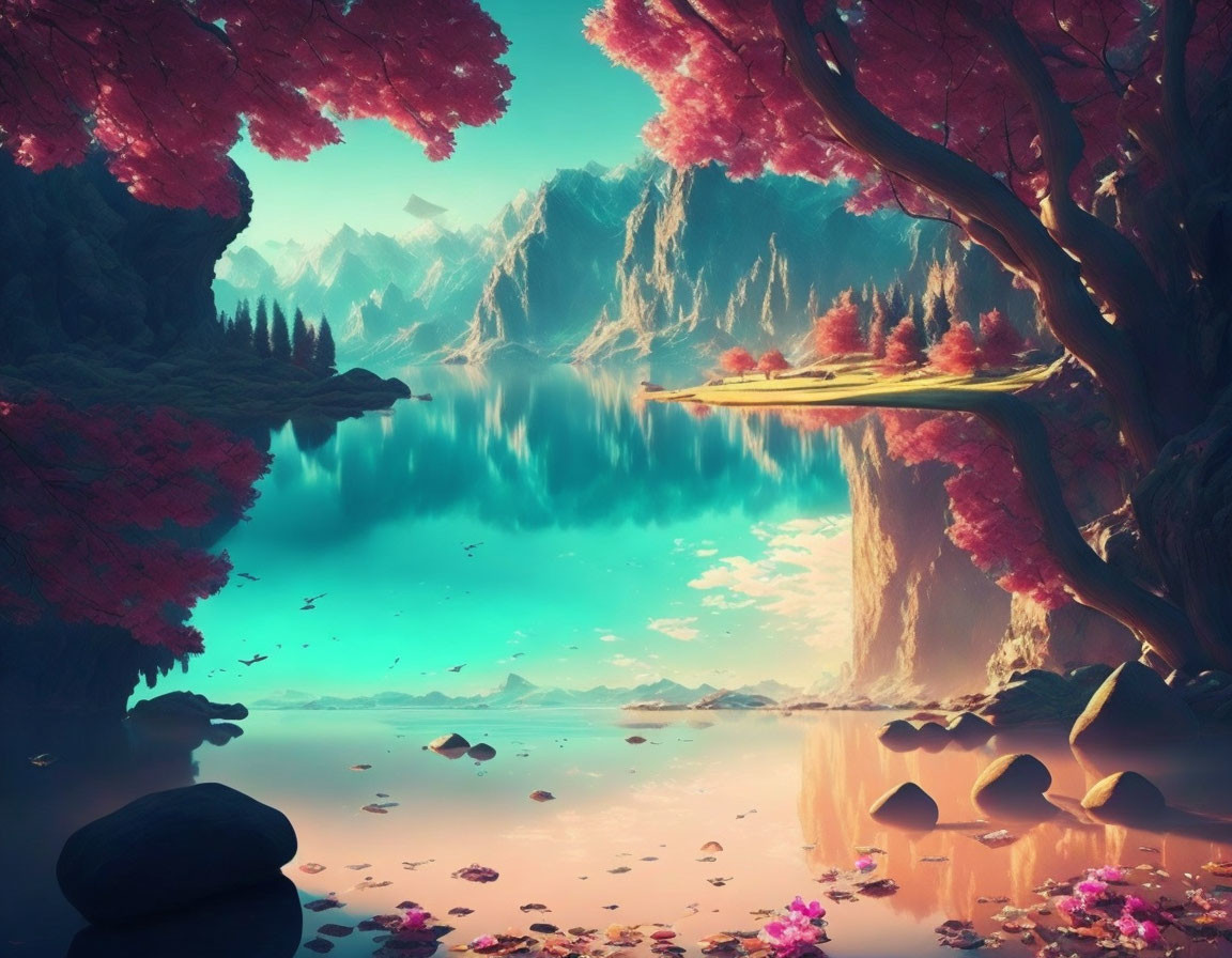 Vibrant pink foliage and turquoise lake in surreal landscape