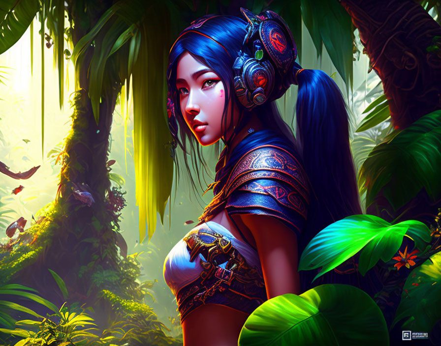 Digital Artwork: Woman with Blue Hair in Elaborate Armor in Vibrant Jungle Setting