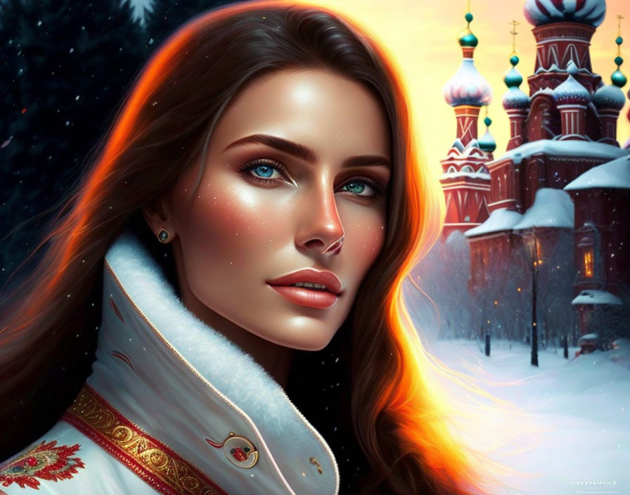 Portrait of woman with blue eyes in traditional attire against snowy Russian cathedral.