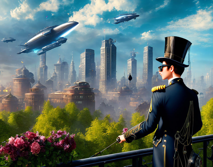 Vintage uniformed person gazes at futuristic cityscape with flying ships and advanced architecture under a bright sky