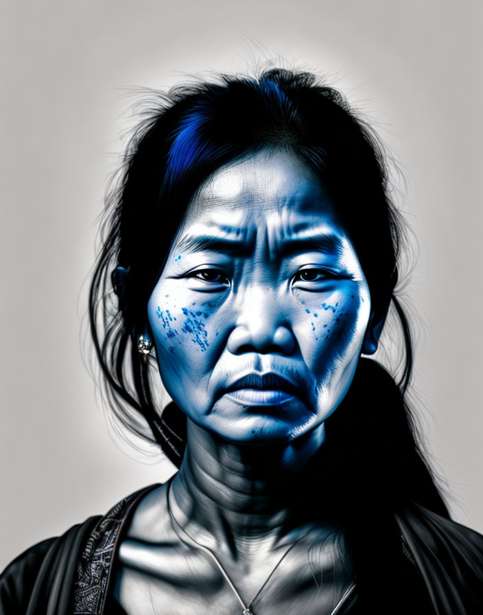 Solemn woman portrait with high-contrast edit and blue hues