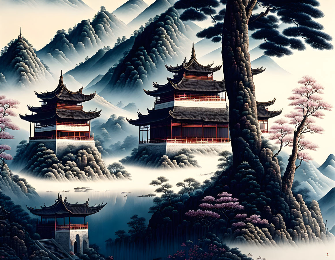 Misty mountains with pagodas, pink foliage, and cloudy sky