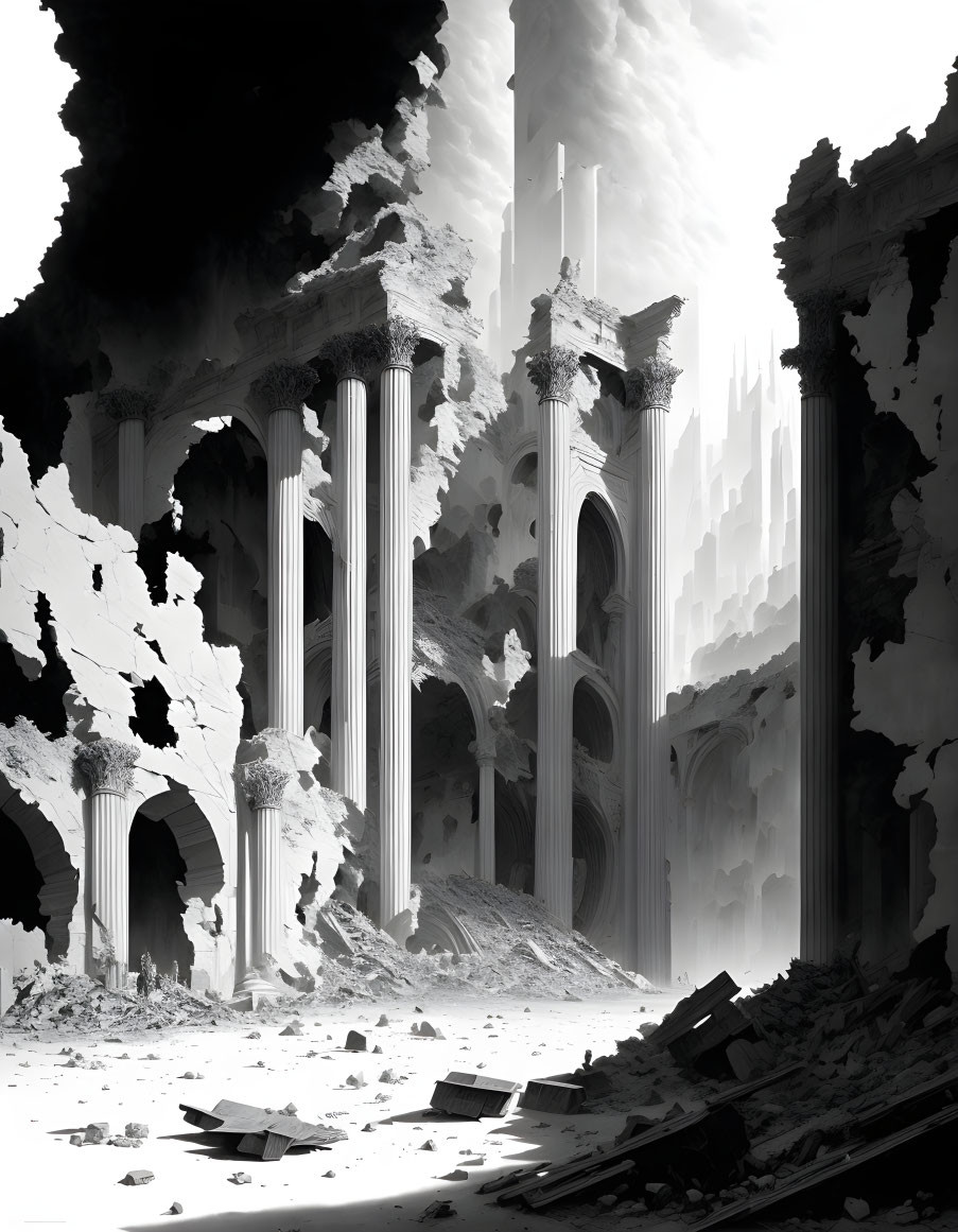 Monochromatic surreal artwork: dilapidated structure with towering pillars, ruins, and debris.