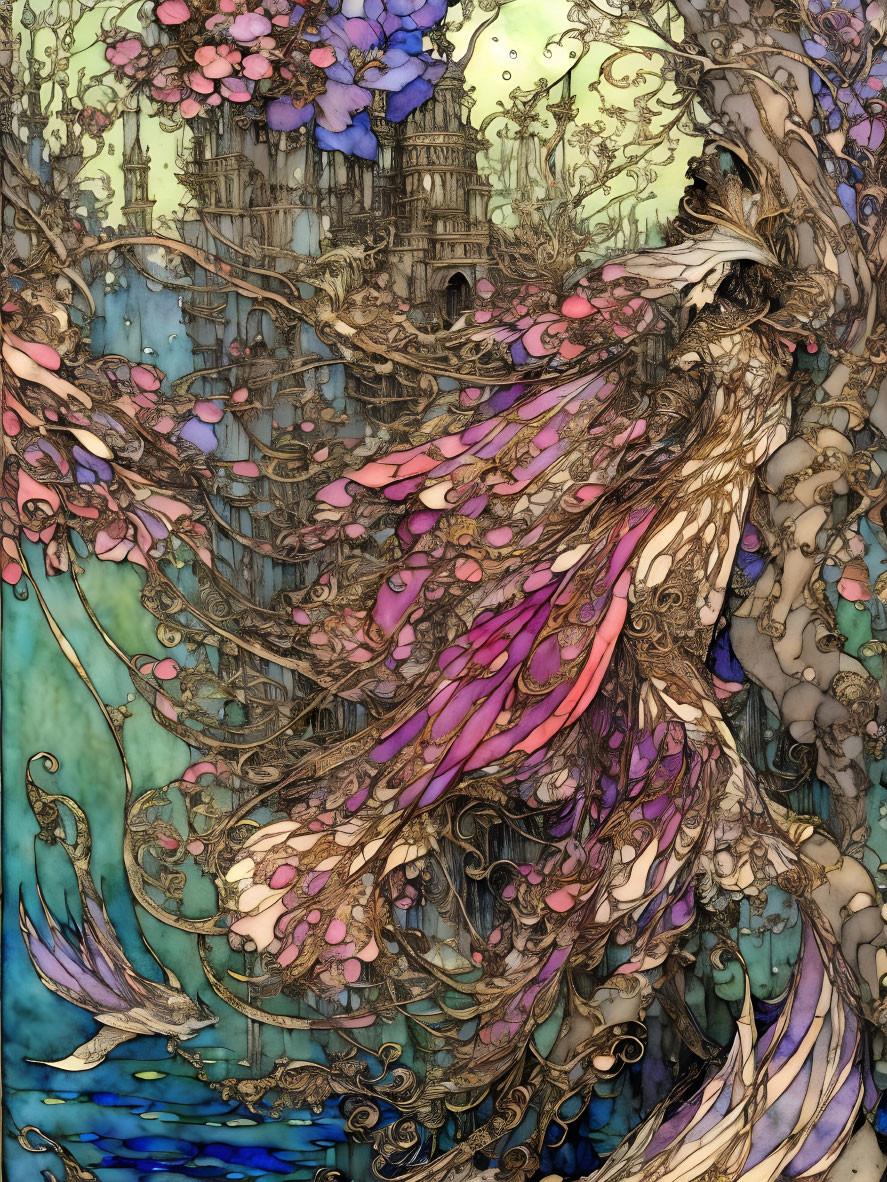 Detailed Art Nouveau Style Illustration of Woman and Nature Elements