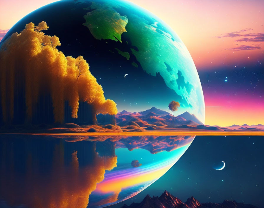 Surreal digital artwork: Giant planet over serene lake