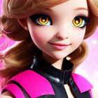 Doll with Large Eyes and Brown Hair in Black and Pink Outfit