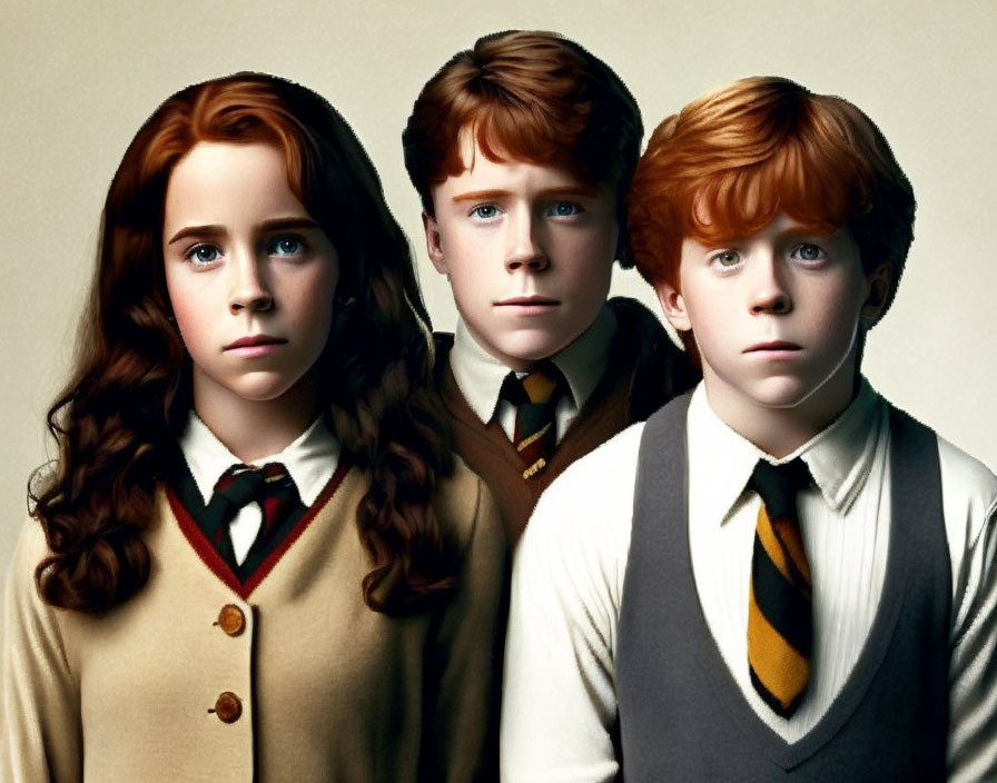 Three red-haired children in uniforms with serious expressions