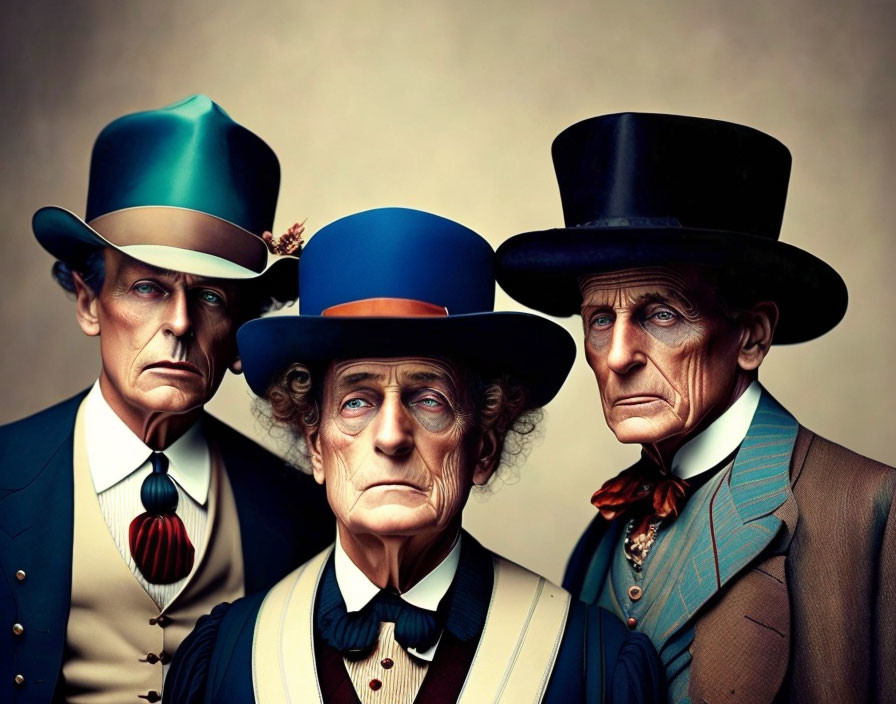 Vintage Attire: Three Elderly Men with Top Hats and Exaggerated Facial Features