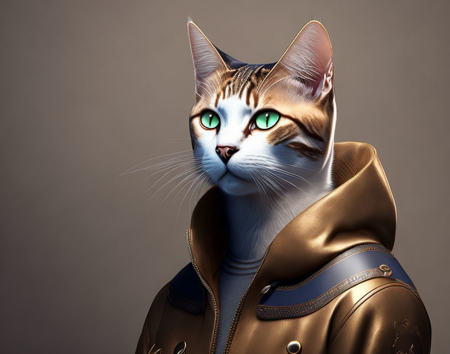 Digital Artwork: Cat with Human-Like Features in Gold & Blue Jacket