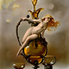 Surreal golden teapot with dog's head, bird, cup, and saucer