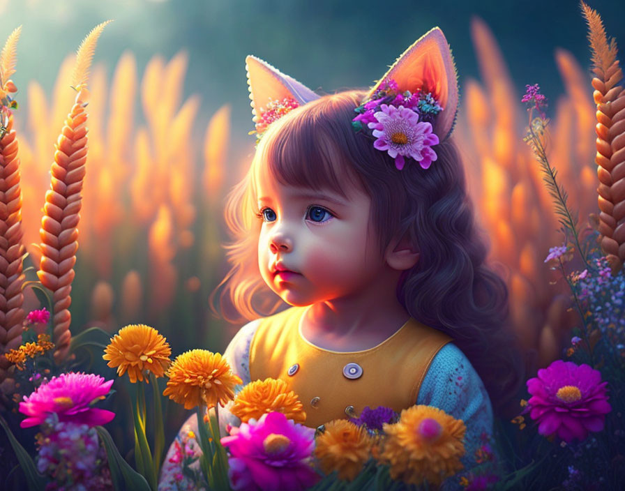 Young girl with cat ears and flowers in vibrant floral setting under warm light