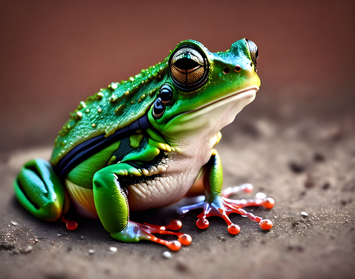 Colorful Frog with Water Droplets and Red Feet on Ground