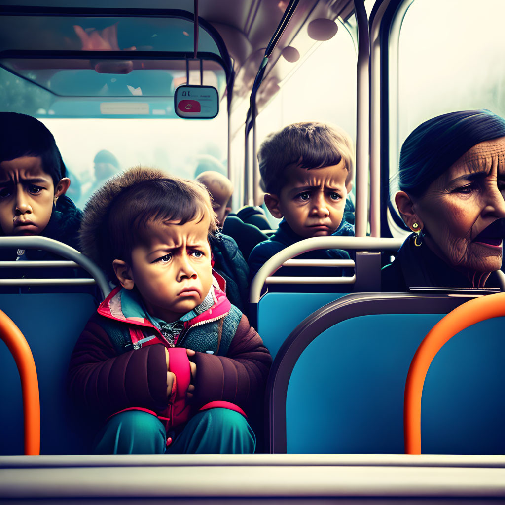 Children and elderly woman on bus with vibrant colors and morning light.