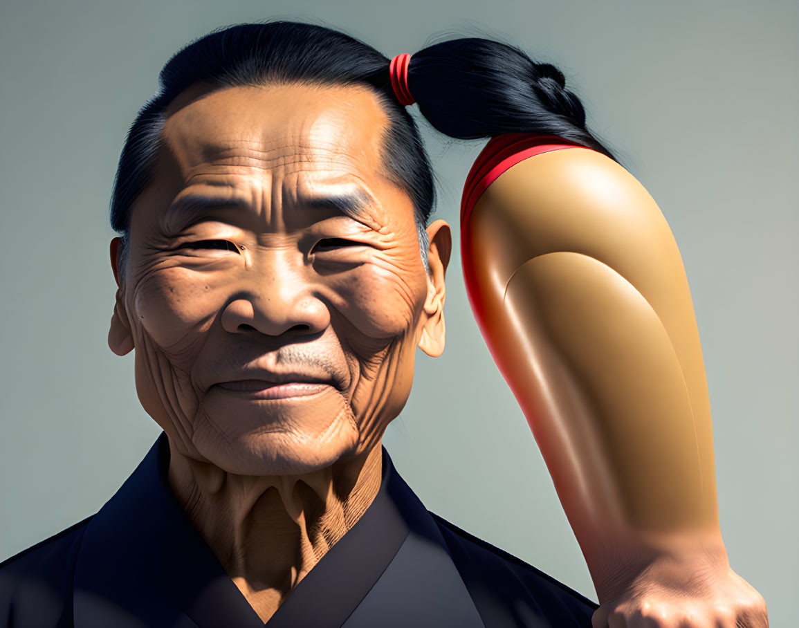 Elderly Asian man caricature with muscular arm and traditional attire