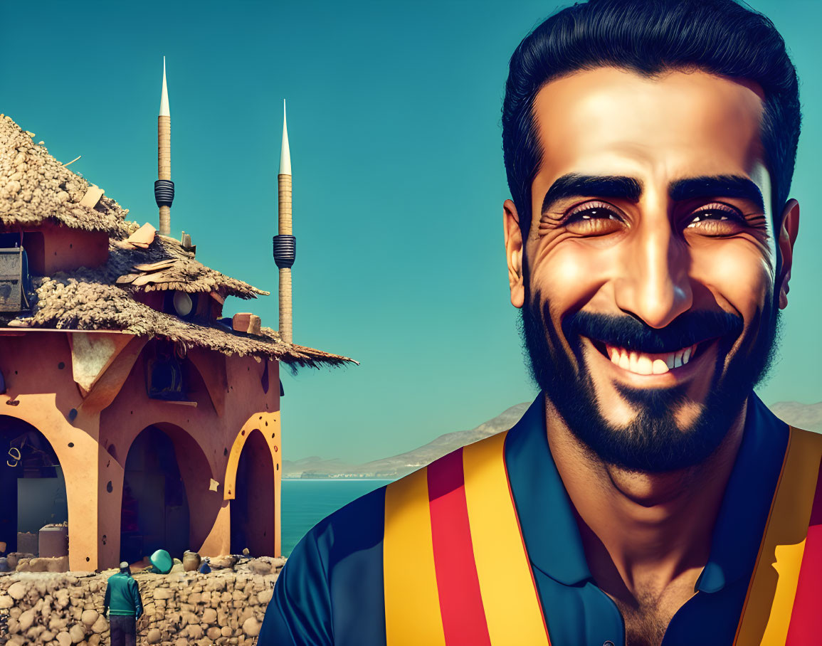 Smiling man with beard in coastal mosque scene portrait.