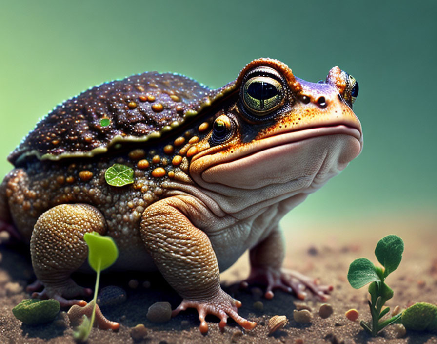 Colorful close-up of textured toad with large eyes and leaf on head