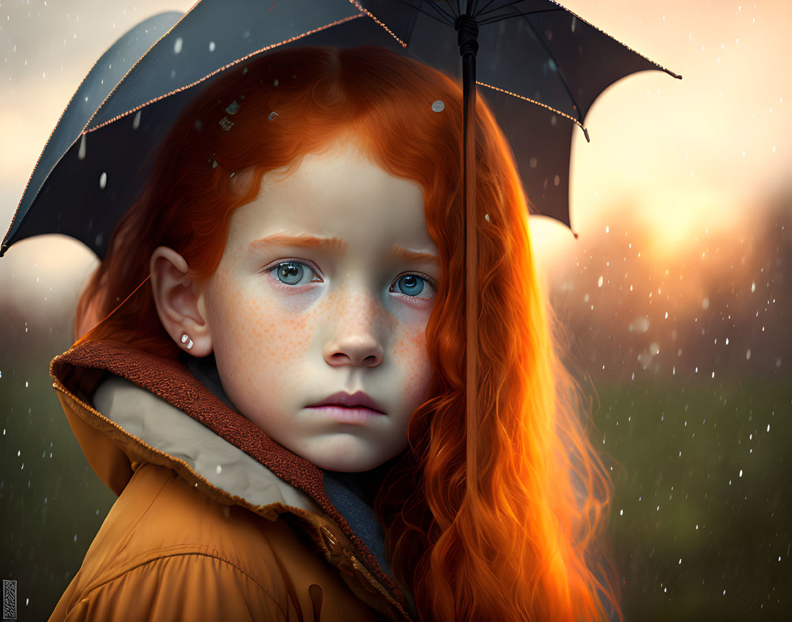 Young Girl with Red Hair and Blue Eyes Holding Umbrella in Rainy Setting