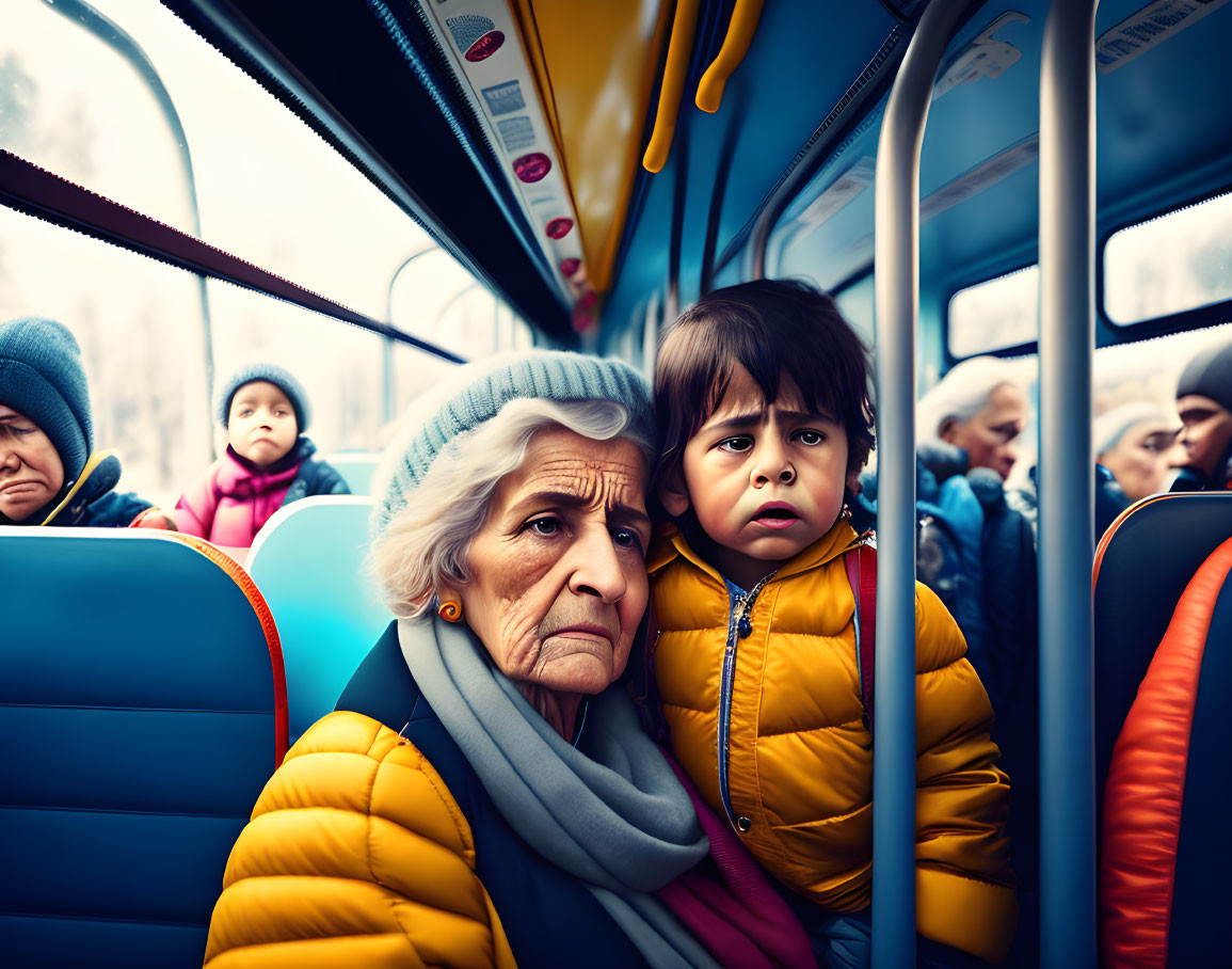 Elderly woman and child with concerned expressions on crowded bus