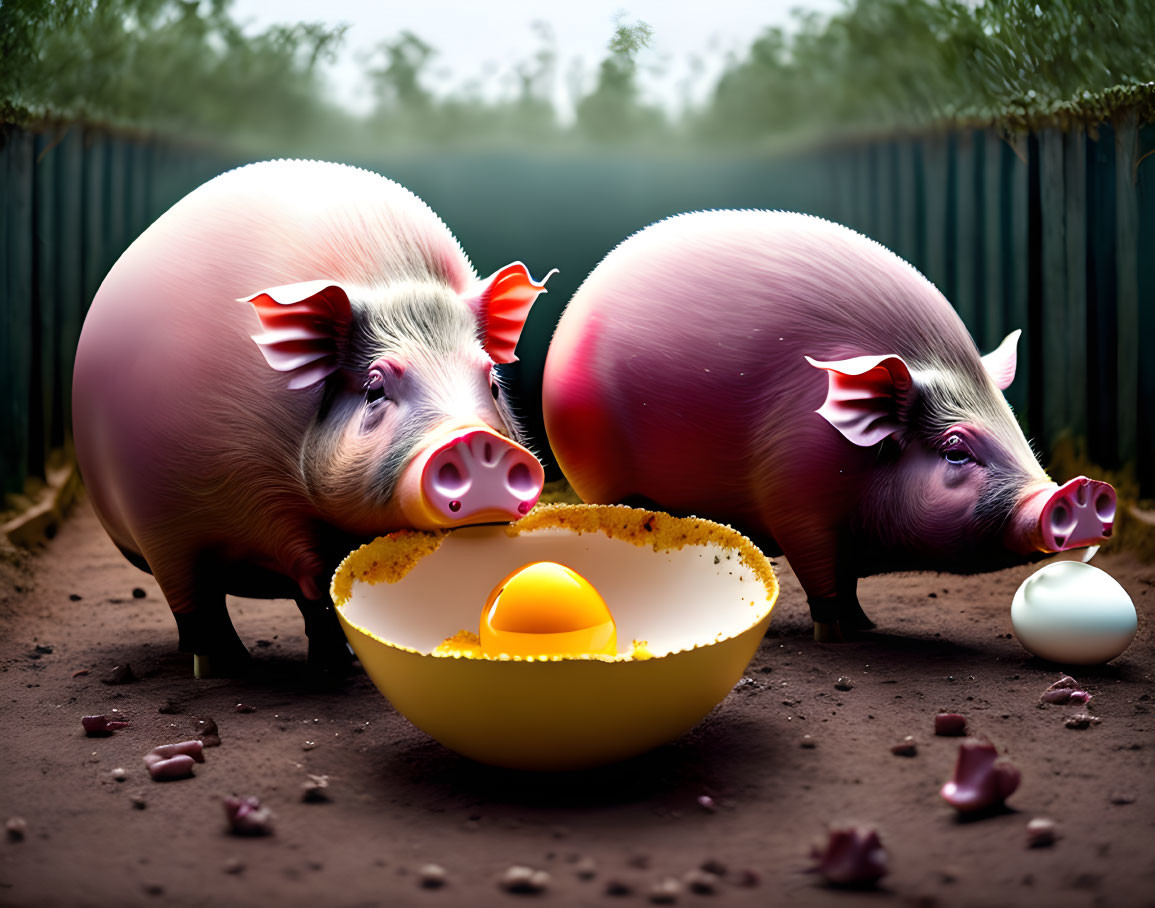 Stylized pigs and cracked egg with yolk in misty backdrop
